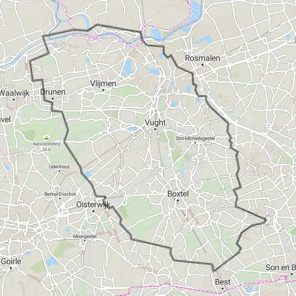 Map miniature of "Roads to Historic Wonders" cycling inspiration in Noord-Brabant, Netherlands. Generated by Tarmacs.app cycling route planner