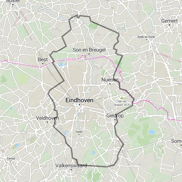 Map miniature of "Exciting Road Adventure: Challenging Hills" cycling inspiration in Noord-Brabant, Netherlands. Generated by Tarmacs.app cycling route planner