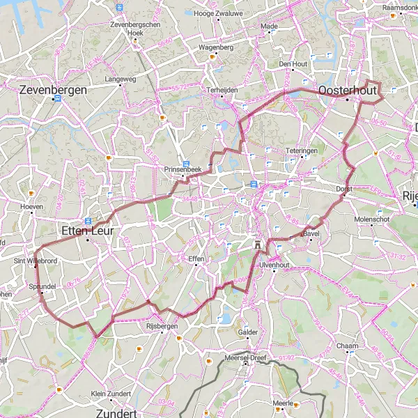 Miniatuurkaart van de fietsinspiratie "Gravelavontuur rond Oosterhout" in Noord-Brabant, Netherlands. Gemaakt door de Tarmacs.app fietsrouteplanner