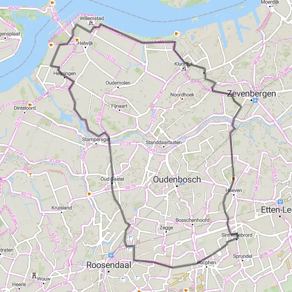 Map miniature of "Road Cycling Route: Sint Willebrord Circular Route" cycling inspiration in Noord-Brabant, Netherlands. Generated by Tarmacs.app cycling route planner