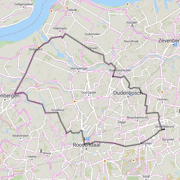 Miniatuurkaart van de fietsinspiratie "Fietsen rond Roosendaal" in Noord-Brabant, Netherlands. Gemaakt door de Tarmacs.app fietsrouteplanner