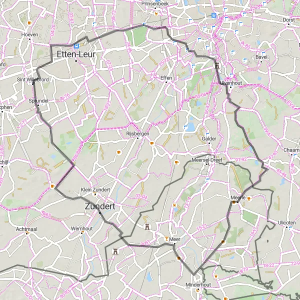 Miniatuurkaart van de fietsinspiratie "Rondje Meer en Sprundel" in Noord-Brabant, Netherlands. Gemaakt door de Tarmacs.app fietsrouteplanner