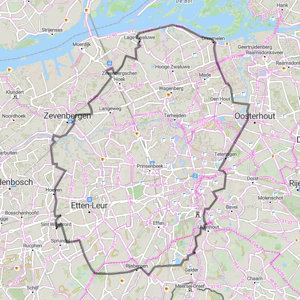 Miniatuurkaart van de fietsinspiratie "Rondje Zevenbergen en Rijsbergen" in Noord-Brabant, Netherlands. Gemaakt door de Tarmacs.app fietsrouteplanner
