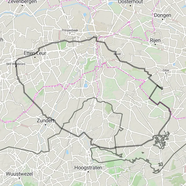 Miniatuurkaart van de fietsinspiratie "Ontdekkingstocht naar Klein Zundert vanuit Sint Willebrord" in Noord-Brabant, Netherlands. Gemaakt door de Tarmacs.app fietsrouteplanner