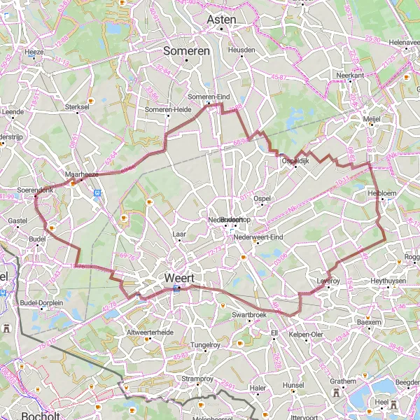 Map miniature of "Someren-Eind and Groote Peel Gravel Adventure" cycling inspiration in Noord-Brabant, Netherlands. Generated by Tarmacs.app cycling route planner