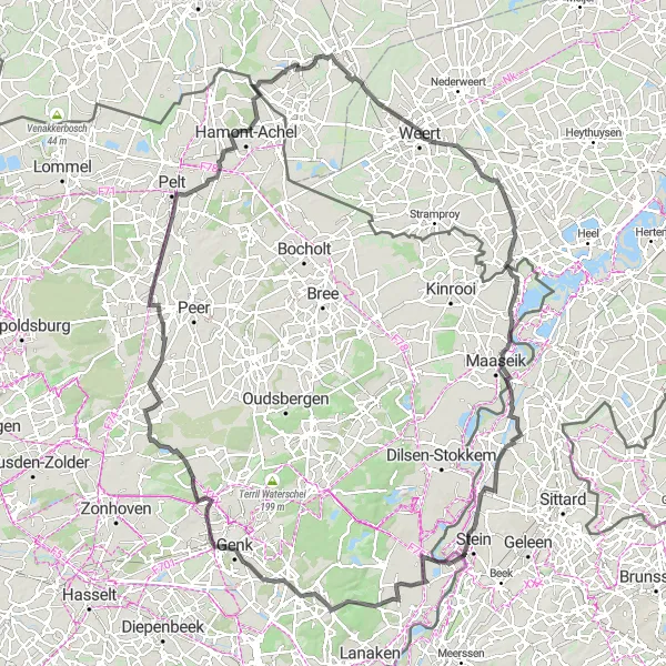 Miniatuurkaart van de fietsinspiratie "Cranendonck naar Wijchmaal Avontuur" in Noord-Brabant, Netherlands. Gemaakt door de Tarmacs.app fietsrouteplanner