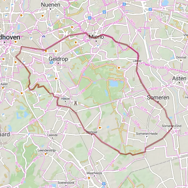 Map miniature of "Gravel Adventure around Someron-Eind" cycling inspiration in Noord-Brabant, Netherlands. Generated by Tarmacs.app cycling route planner