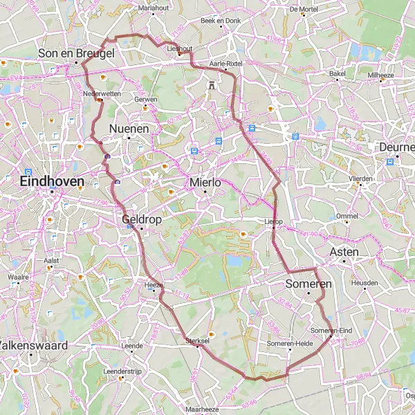 Miniatuurkaart van de fietsinspiratie "Avontuurlijke tocht naar 't Coll en Lieshout" in Noord-Brabant, Netherlands. Gemaakt door de Tarmacs.app fietsrouteplanner