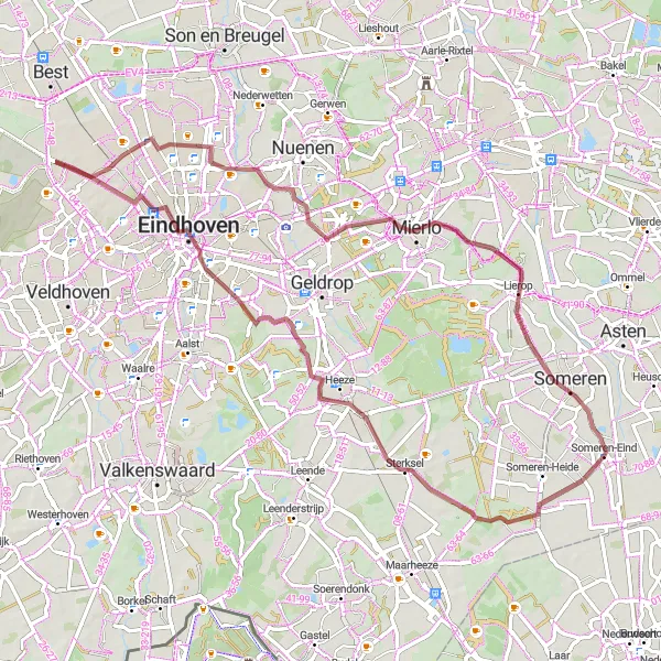 Miniatuurkaart van de fietsinspiratie "Ontdekkingstocht door Gijzenrooi en Lierop" in Noord-Brabant, Netherlands. Gemaakt door de Tarmacs.app fietsrouteplanner