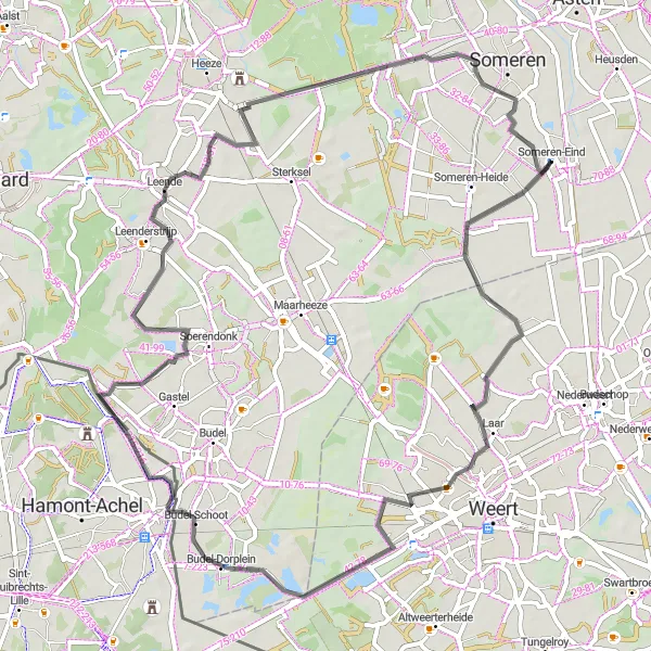 Miniatuurkaart van de fietsinspiratie "Wegroute naar Budel-Dorplein en Ginderover" in Noord-Brabant, Netherlands. Gemaakt door de Tarmacs.app fietsrouteplanner