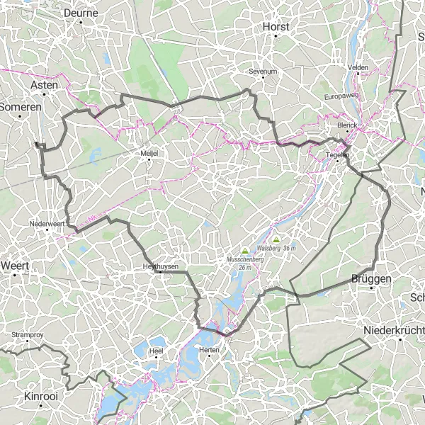 Miniatuurkaart van de fietsinspiratie "Uitdagende wegroute naar Heythuysen" in Noord-Brabant, Netherlands. Gemaakt door de Tarmacs.app fietsrouteplanner