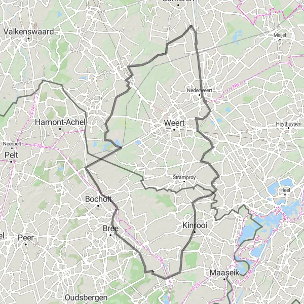 Miniatuurkaart van de fietsinspiratie "Rondrit naar Molenbeersel en Lozen" in Noord-Brabant, Netherlands. Gemaakt door de Tarmacs.app fietsrouteplanner