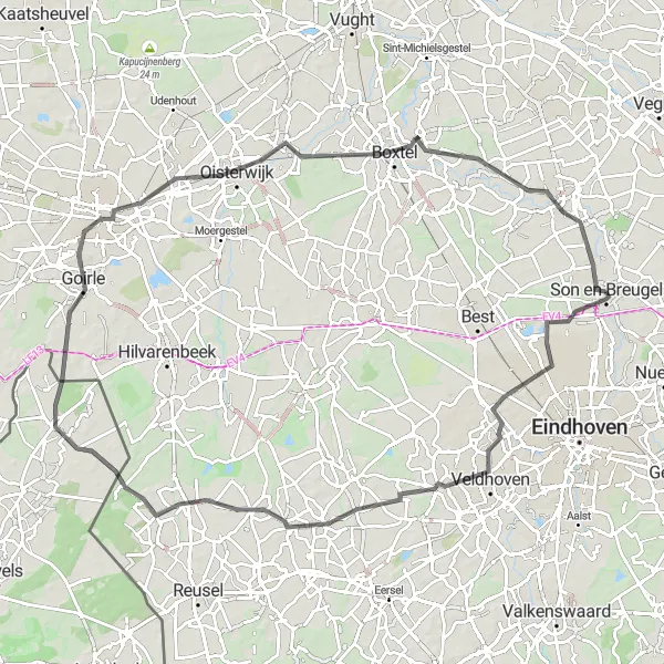 Map miniature of "The Great Brabant Adventure" cycling inspiration in Noord-Brabant, Netherlands. Generated by Tarmacs.app cycling route planner