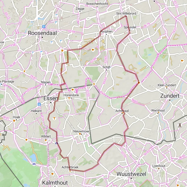 Map miniature of "Achtmaal Gravel Adventure" cycling inspiration in Noord-Brabant, Netherlands. Generated by Tarmacs.app cycling route planner