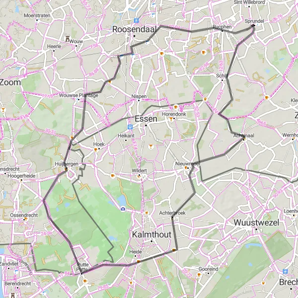 Map miniature of "Achtmaal to Rucphen Loop" cycling inspiration in Noord-Brabant, Netherlands. Generated by Tarmacs.app cycling route planner