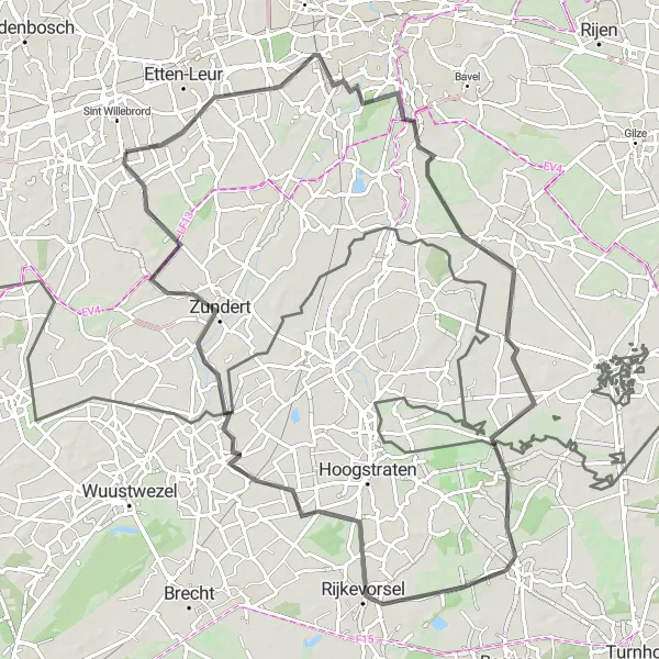 Miniatuurkaart van de fietsinspiratie "Rijkevorsel en terug" in Noord-Brabant, Netherlands. Gemaakt door de Tarmacs.app fietsrouteplanner