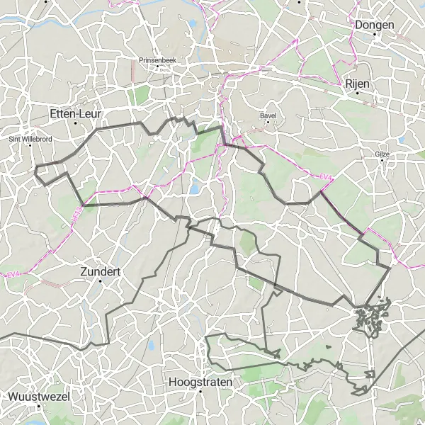 Map miniature of "Sprundel to Rijsbergen Loop" cycling inspiration in Noord-Brabant, Netherlands. Generated by Tarmacs.app cycling route planner