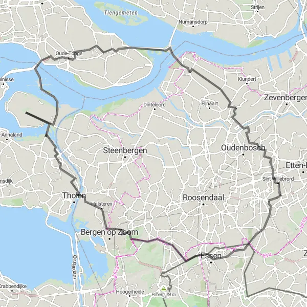 Map miniature of "Essen and Beyond" cycling inspiration in Noord-Brabant, Netherlands. Generated by Tarmacs.app cycling route planner