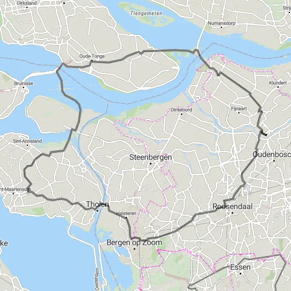 Miniatuurkaart van de fietsinspiratie "Wouw en Oude-Tonge Trail" in Noord-Brabant, Netherlands. Gemaakt door de Tarmacs.app fietsrouteplanner