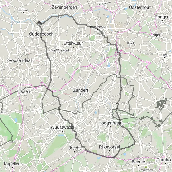 Map miniature of "Prinsenbeek Exploration" cycling inspiration in Noord-Brabant, Netherlands. Generated by Tarmacs.app cycling route planner