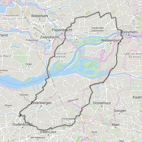 Map miniature of "The Rivers and Windmills Expedition" cycling inspiration in Noord-Brabant, Netherlands. Generated by Tarmacs.app cycling route planner