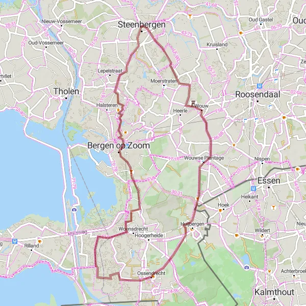 Miniatuurkaart van de fietsinspiratie "Avontuurlijke gravelroute door Korteven, Ossendrecht en Welberg" in Noord-Brabant, Netherlands. Gemaakt door de Tarmacs.app fietsrouteplanner