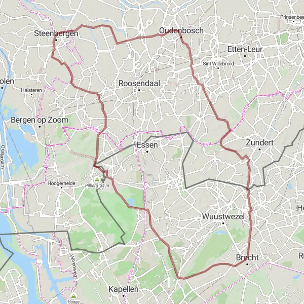 Map miniature of "Challenging Gravel Adventure: Steenbergen to Moerstraten" cycling inspiration in Noord-Brabant, Netherlands. Generated by Tarmacs.app cycling route planner