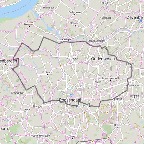 Map miniature of "Rural Road Excursion: Steenbergen to Roosendaal" cycling inspiration in Noord-Brabant, Netherlands. Generated by Tarmacs.app cycling route planner