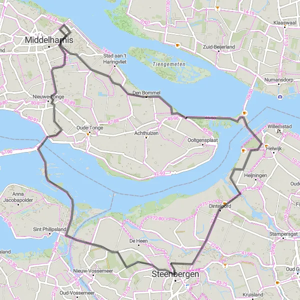 Map miniature of "Discover the Delta" cycling inspiration in Noord-Brabant, Netherlands. Generated by Tarmacs.app cycling route planner