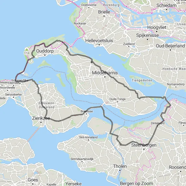 Map miniature of "Zeeland Heritage" cycling inspiration in Noord-Brabant, Netherlands. Generated by Tarmacs.app cycling route planner
