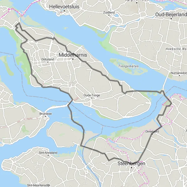 Map miniature of "Coastal Explorer" cycling inspiration in Noord-Brabant, Netherlands. Generated by Tarmacs.app cycling route planner