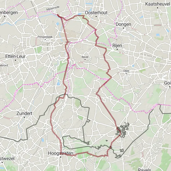 Map miniature of "Noord-Brabant Gravel Expedition" cycling inspiration in Noord-Brabant, Netherlands. Generated by Tarmacs.app cycling route planner