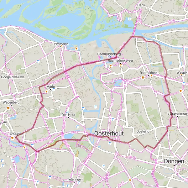 Miniatuurkaart van de fietsinspiratie "Avontuurlijke gravelroute door Noord-Brabantse natuur" in Noord-Brabant, Netherlands. Gemaakt door de Tarmacs.app fietsrouteplanner