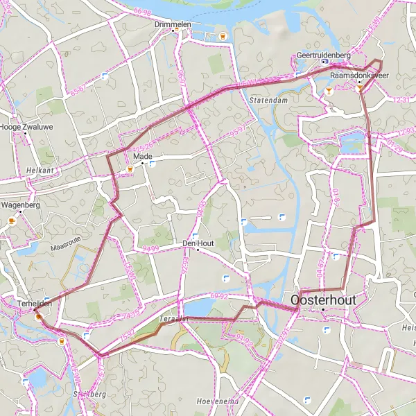 Map miniature of "Terheijden to Geertruidenberg and Oosterhout" cycling inspiration in Noord-Brabant, Netherlands. Generated by Tarmacs.app cycling route planner