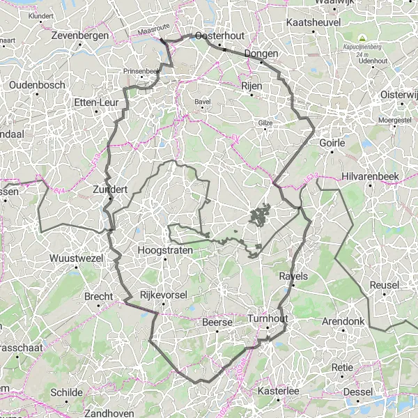 Map miniature of "Dongen to Oud-Turnhout and Wechelderzande" cycling inspiration in Noord-Brabant, Netherlands. Generated by Tarmacs.app cycling route planner