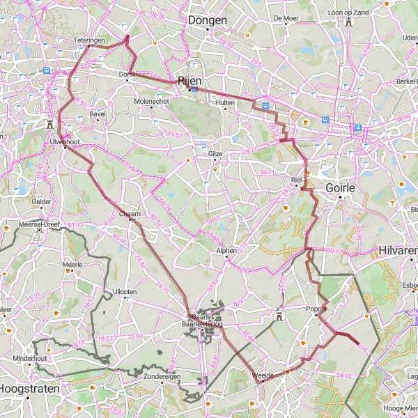 Miniatuurkaart van de fietsinspiratie "Gravelroute Rijen - Chaam" in Noord-Brabant, Netherlands. Gemaakt door de Tarmacs.app fietsrouteplanner