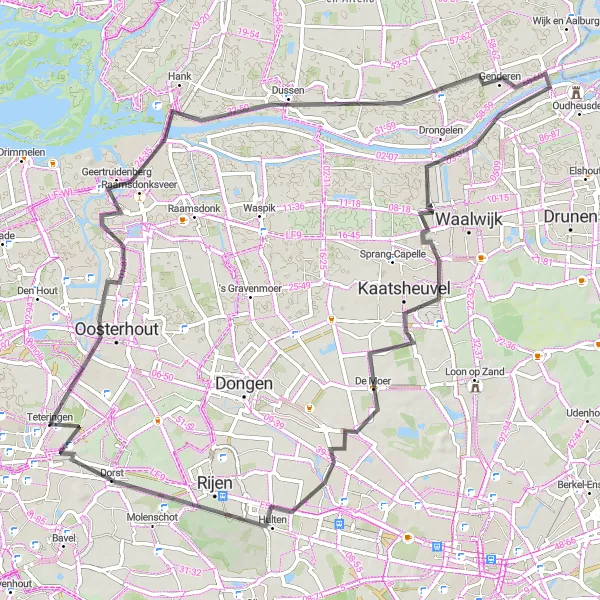 Miniatuurkaart van de fietsinspiratie "Fietsroute rond Teteringen via Oosterhout en Kaatsheuvel" in Noord-Brabant, Netherlands. Gemaakt door de Tarmacs.app fietsrouteplanner