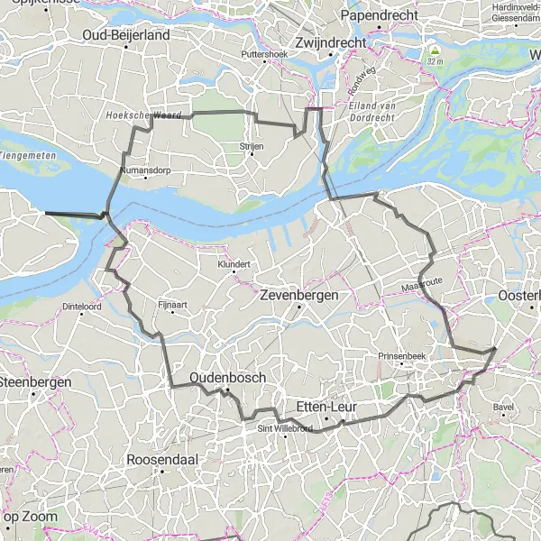 Map miniature of "Panoramic Road Cycling Adventure in Breda and Beyond" cycling inspiration in Noord-Brabant, Netherlands. Generated by Tarmacs.app cycling route planner