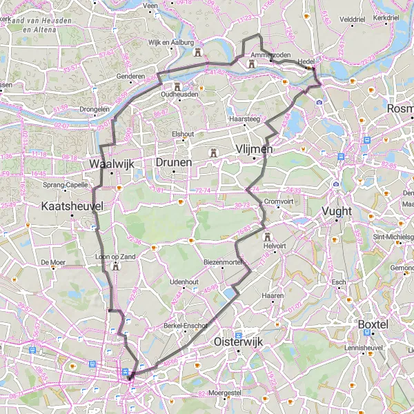 Map miniature of "Waalwijk to Moerenburg Road Route" cycling inspiration in Noord-Brabant, Netherlands. Generated by Tarmacs.app cycling route planner