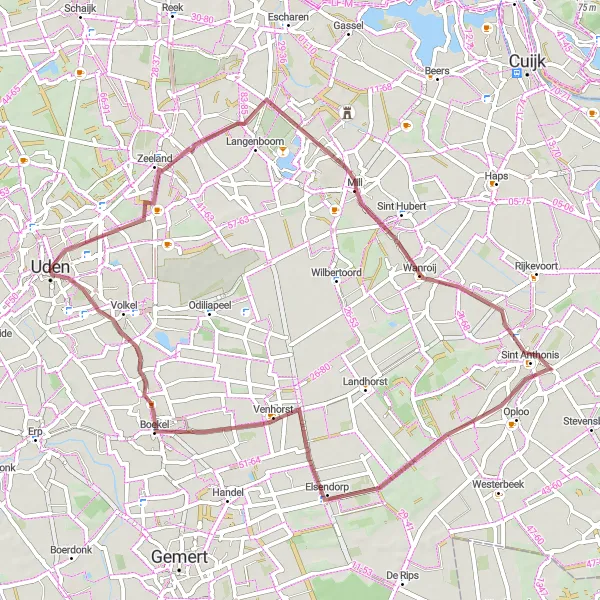 Miniatuurkaart van de fietsinspiratie "Gravel Avontuur rond Uden" in Noord-Brabant, Netherlands. Gemaakt door de Tarmacs.app fietsrouteplanner