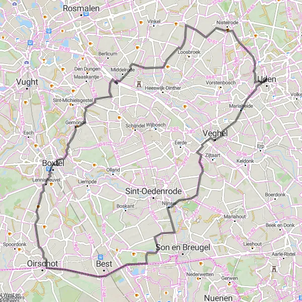 Map miniature of "Exploring Uden and Surroundings" cycling inspiration in Noord-Brabant, Netherlands. Generated by Tarmacs.app cycling route planner
