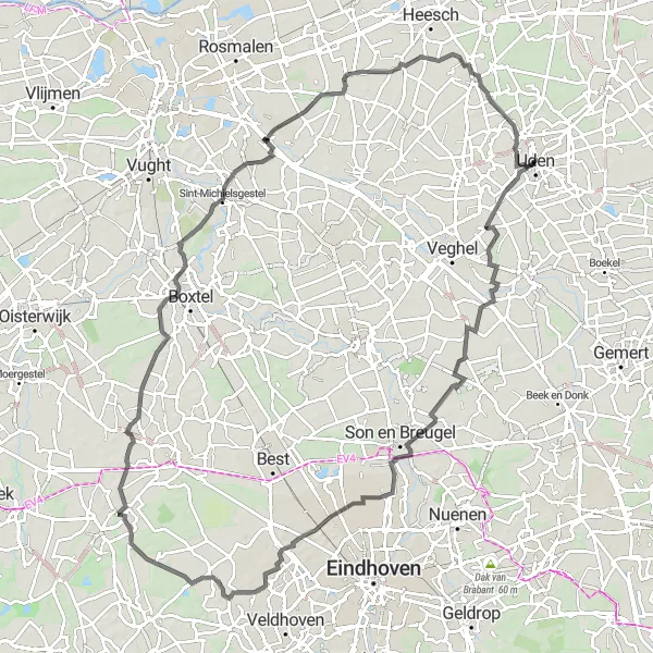 Map miniature of "Uden Countryside Loop" cycling inspiration in Noord-Brabant, Netherlands. Generated by Tarmacs.app cycling route planner
