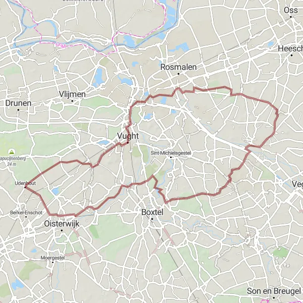 Map miniature of "Gravel Explorer" cycling inspiration in Noord-Brabant, Netherlands. Generated by Tarmacs.app cycling route planner