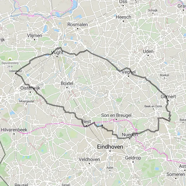 Map miniature of "Road Cycling around Udenhout" cycling inspiration in Noord-Brabant, Netherlands. Generated by Tarmacs.app cycling route planner