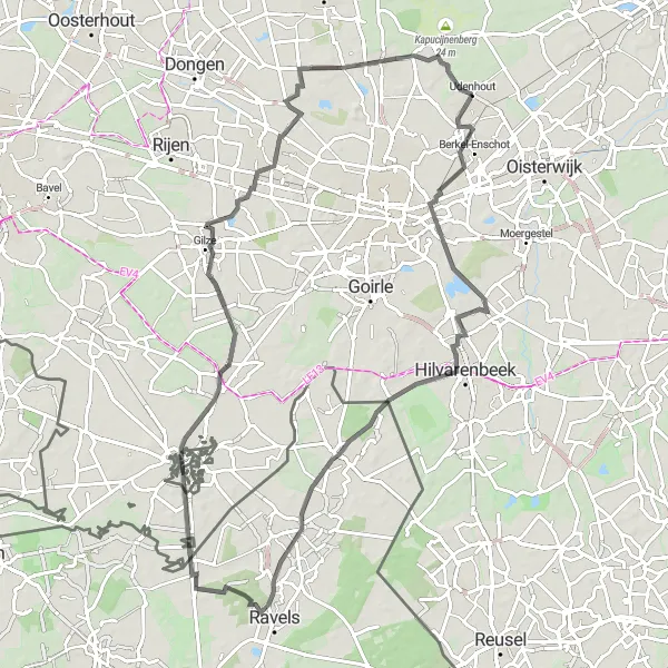 Miniatuurkaart van de fietsinspiratie "Udenhout - Roovert - Weelde Statie - Alphen" in Noord-Brabant, Netherlands. Gemaakt door de Tarmacs.app fietsrouteplanner