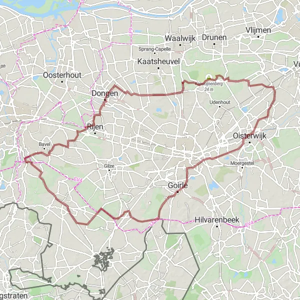 Miniatuurkaart van de fietsinspiratie "Avontuurlijke gravelroute naar Haaren en Alphen" in Noord-Brabant, Netherlands. Gemaakt door de Tarmacs.app fietsrouteplanner