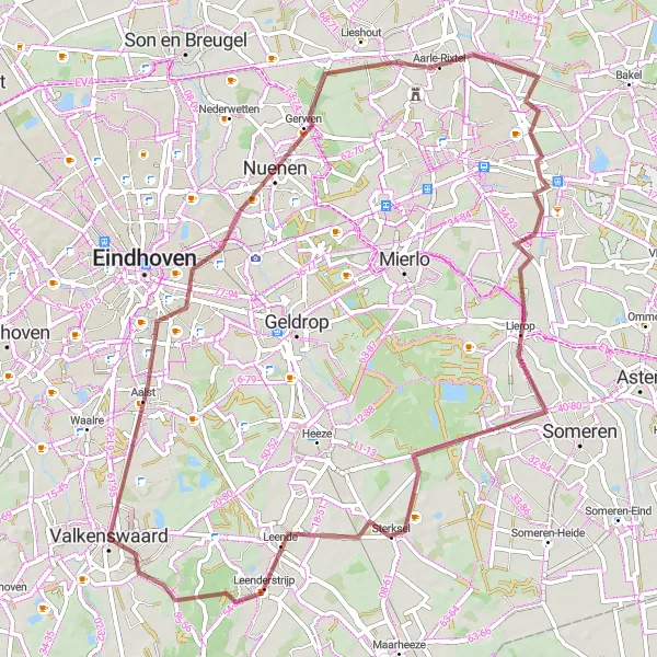 Map miniature of "Valkenswaard to Bruggerhuizen Adventure" cycling inspiration in Noord-Brabant, Netherlands. Generated by Tarmacs.app cycling route planner