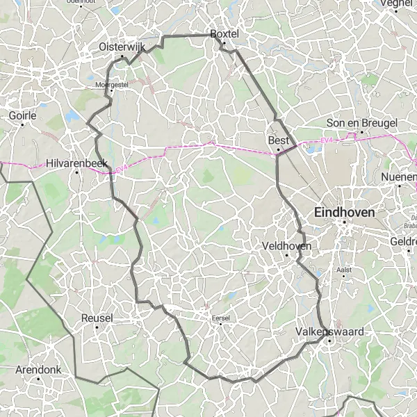 Map miniature of "Valkenswaard to Waalre Loop" cycling inspiration in Noord-Brabant, Netherlands. Generated by Tarmacs.app cycling route planner