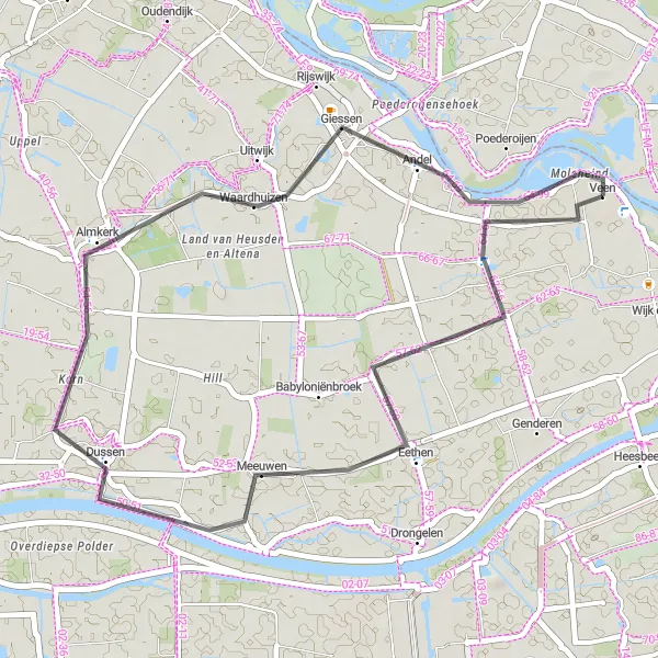 Miniatuurkaart van de fietsinspiratie "Fietsen in de omgeving van Veen" in Noord-Brabant, Netherlands. Gemaakt door de Tarmacs.app fietsrouteplanner