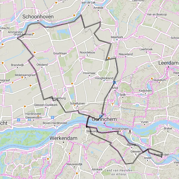 Map miniature of "The Giessen to Gorinchem Loop" cycling inspiration in Noord-Brabant, Netherlands. Generated by Tarmacs.app cycling route planner